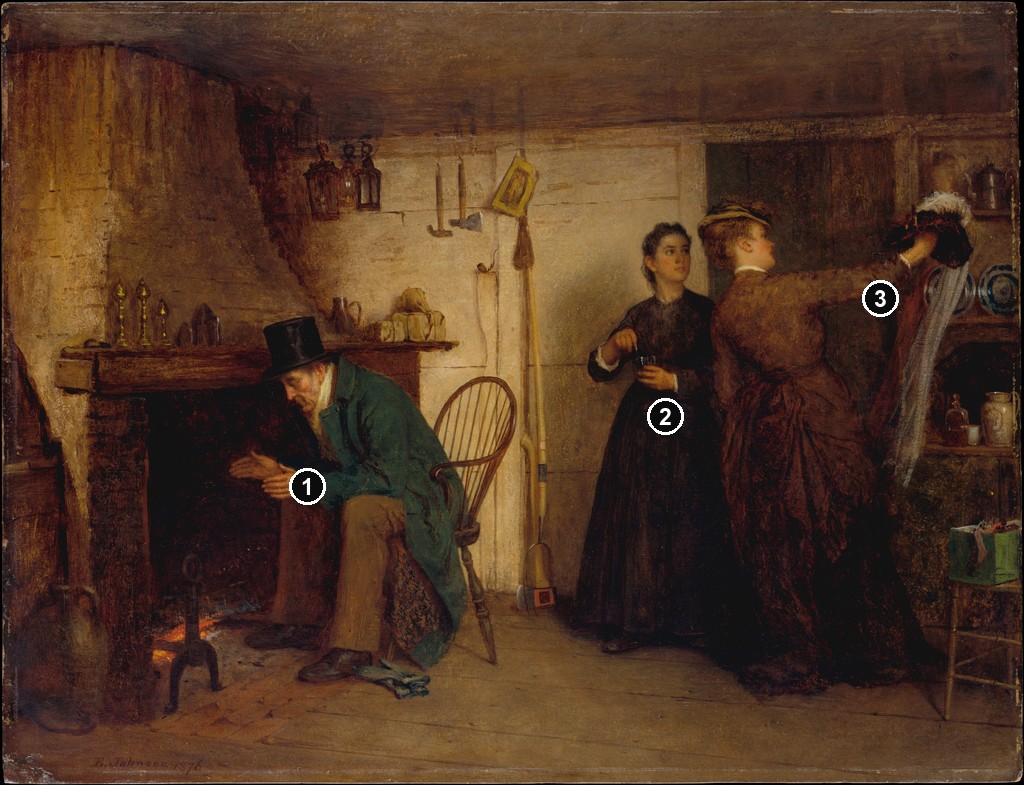 Annotated details from The New Bonnet by Eastman Johnson